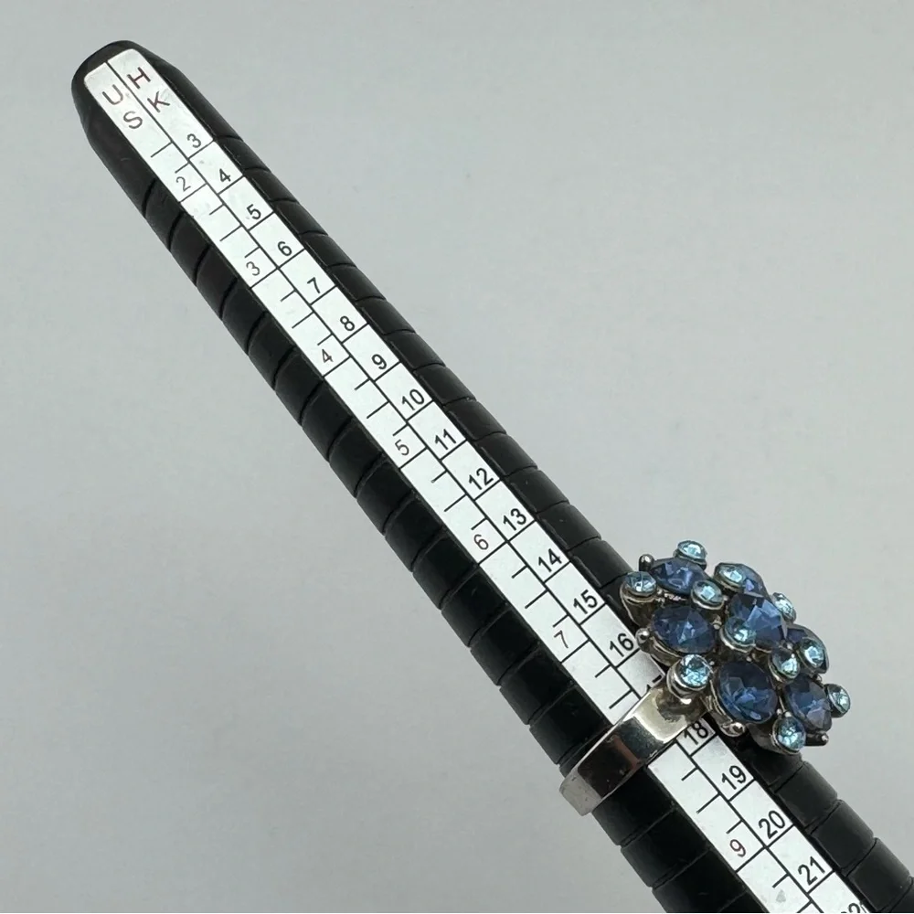 Silver Tone Blue Crystal Rhinestone Flower Adjustable Statement Ring